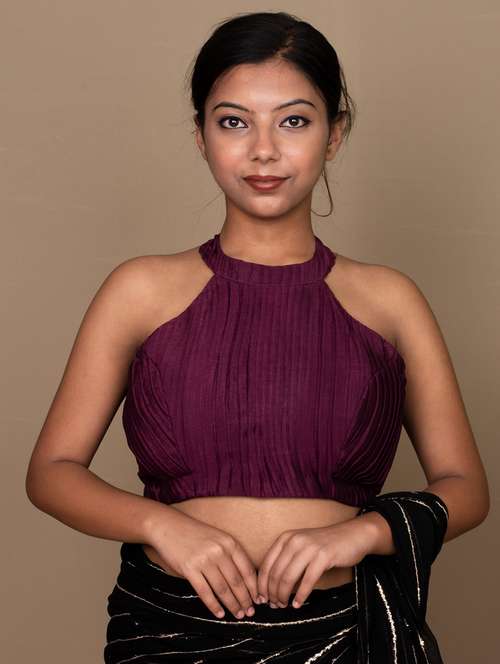 women purple solid stitched blouse