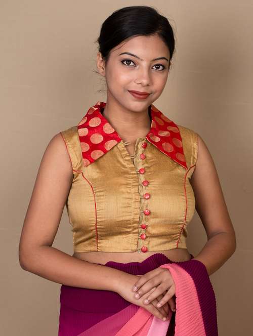 women gold solid stitched blouse