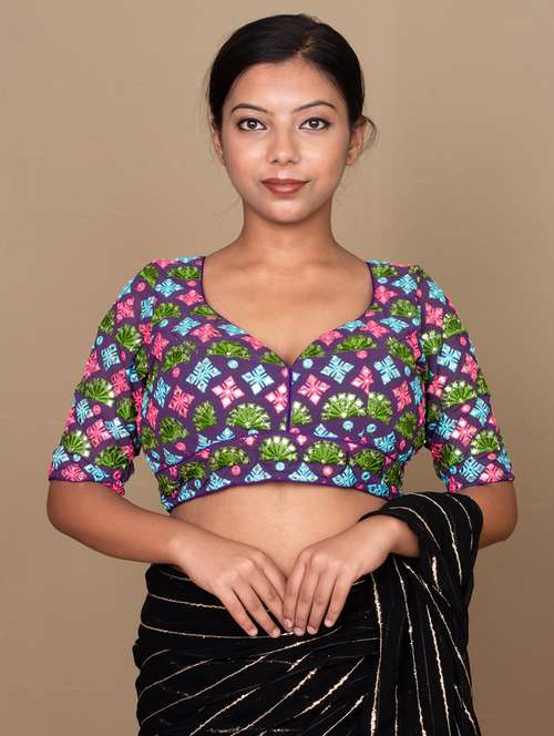 women purple embroidered stitched blouse