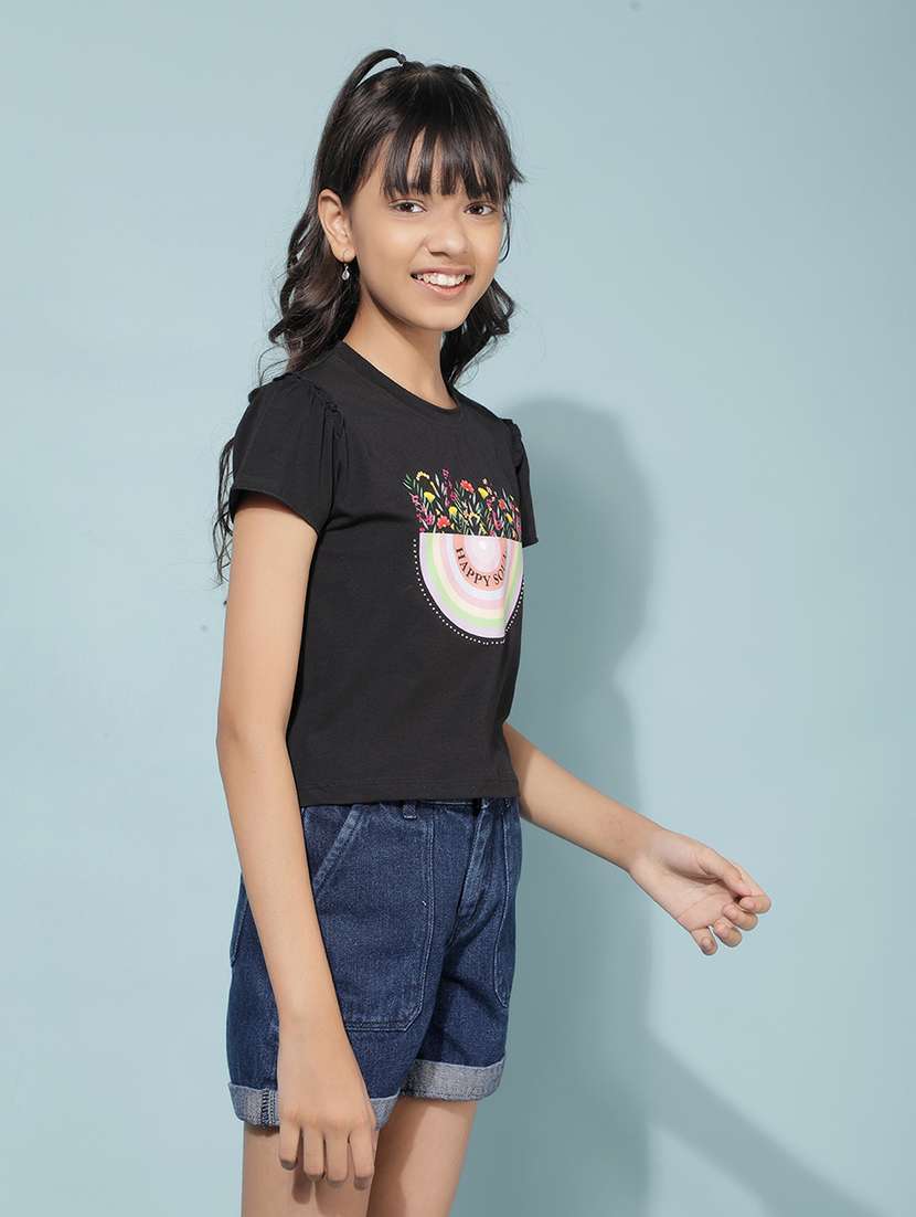 girls round neck graphic regular tee