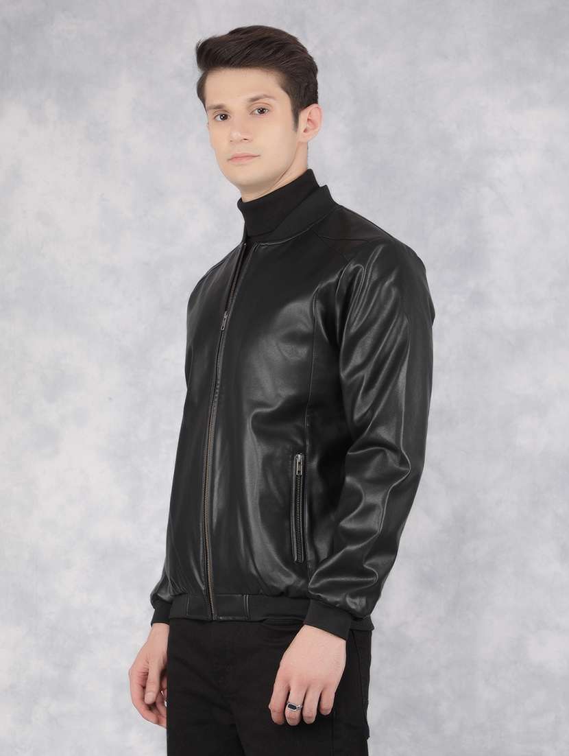 black solid leather casual jacket