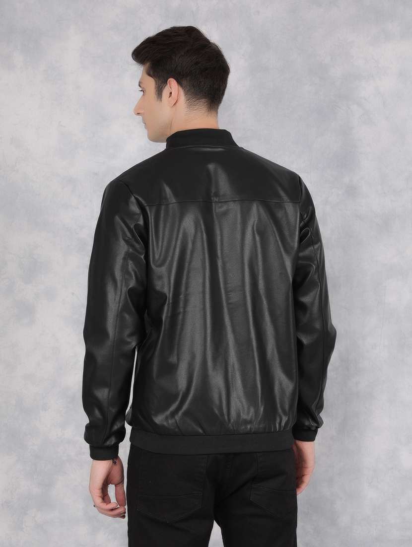 black solid leather casual jacket - 21400039 -  Standard Image - 3