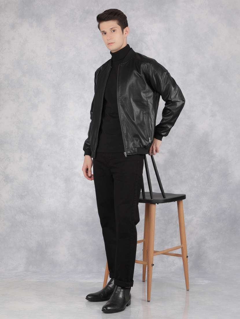 black solid leather casual jacket - 21400039 -  Standard Image - 5