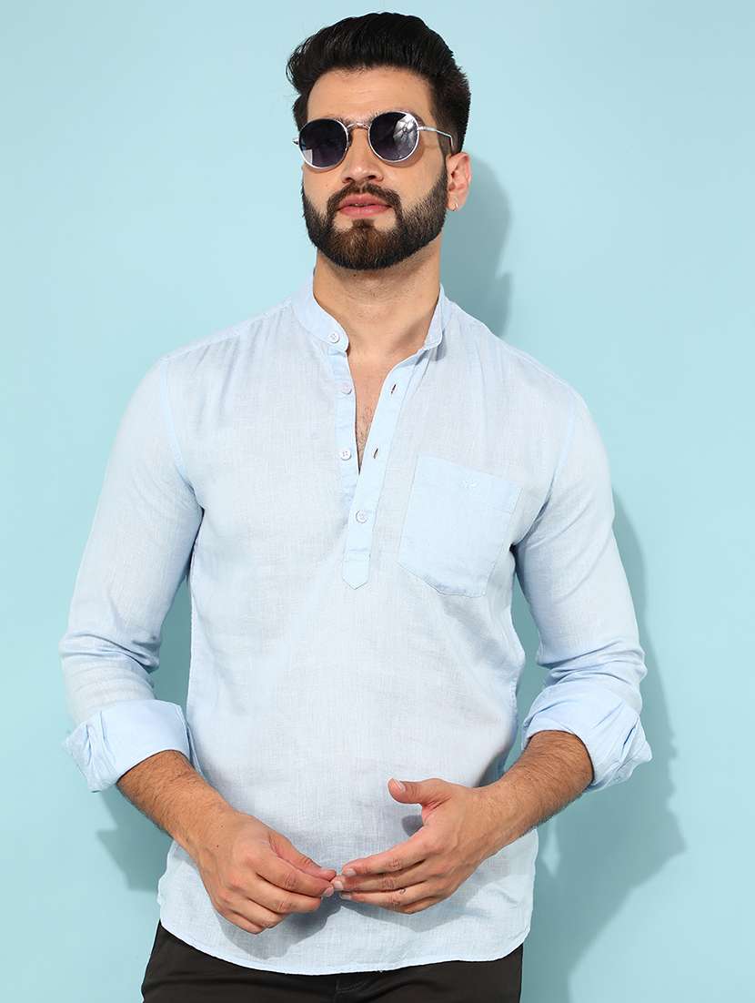 men solid long sleeve short kurta