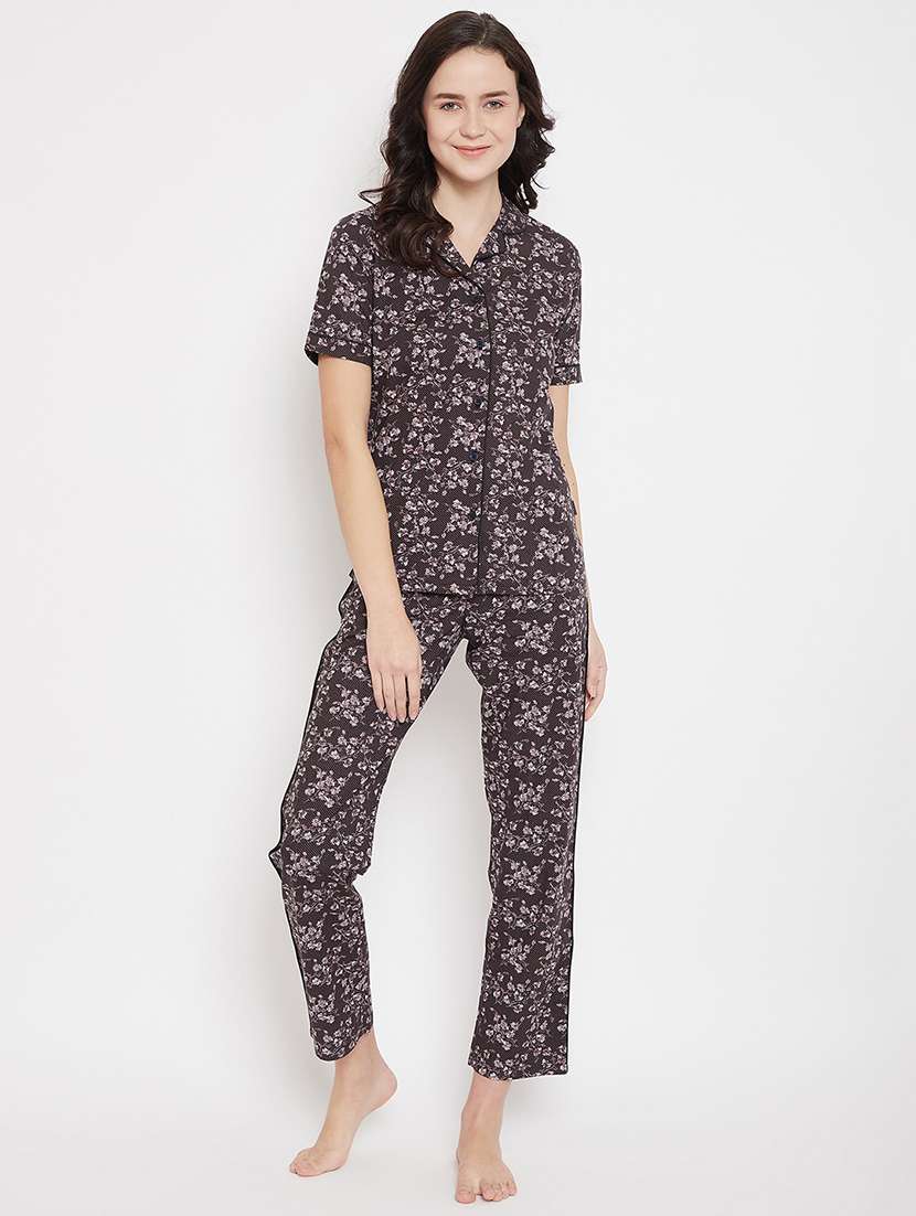 brown floral printed nightwear set