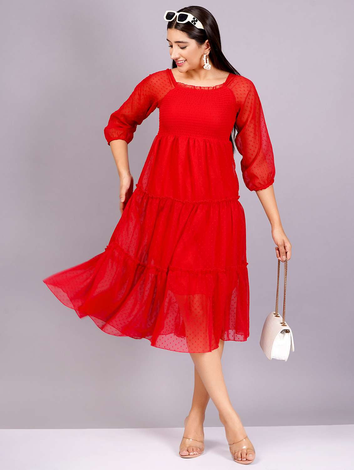 women red self-designed tiered dress - 21400351 - Standard Image - 3