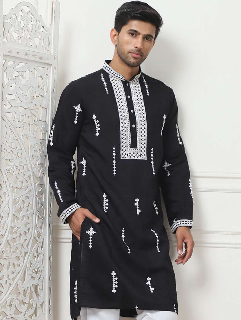 men mandarin neck embroidered long kurta - 21401427 - Standard Image - 3