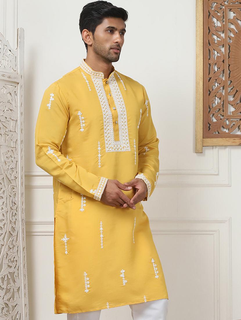 men mandarin neck embroidered long kurta - 21401428 - Standard Image - 3