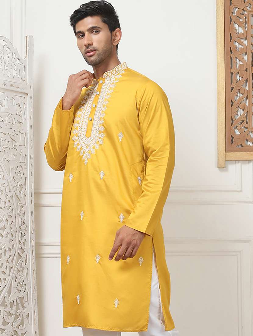 men mandarin neck embroidered long kurta