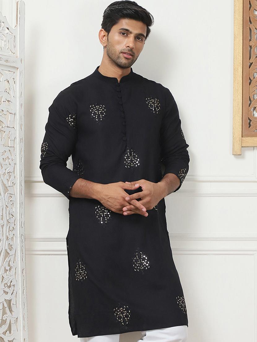 men mandarin neck embroidered long kurta - 21401437 - Standard Image - 3