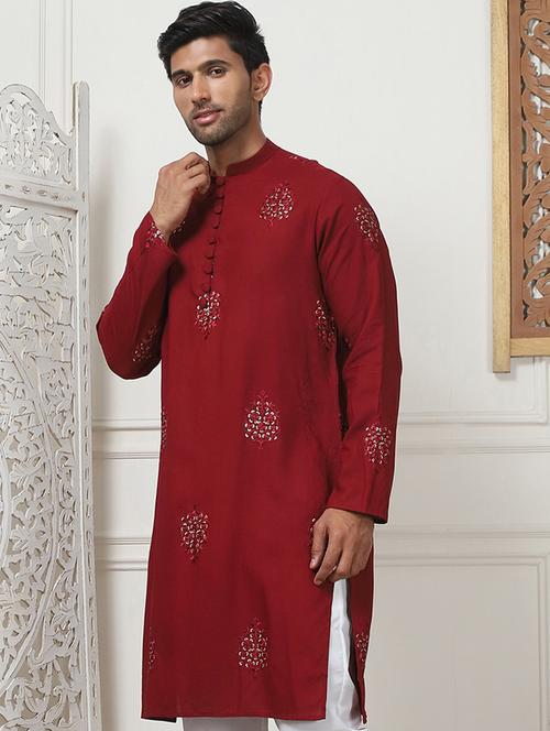 men mandarin neck embroidered long kurta - 21401438 -  Standard Image - 0