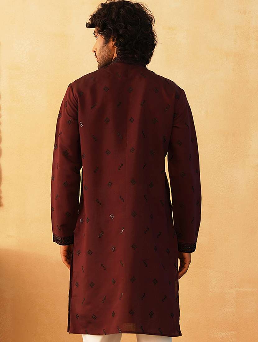 men mandarin neck embroidered long kurta - 21401444 - Standard Image - 3