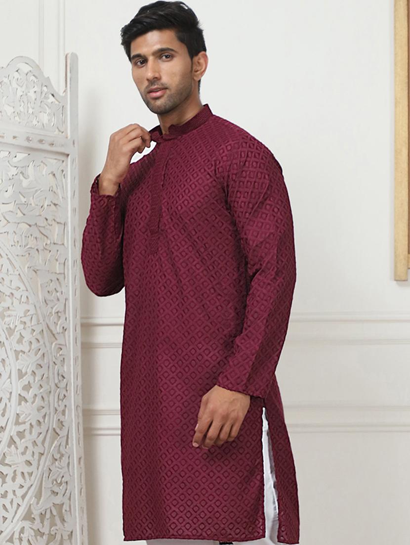 men mandarin neck embroidered long kurta - 21401446 - Standard Image - 3