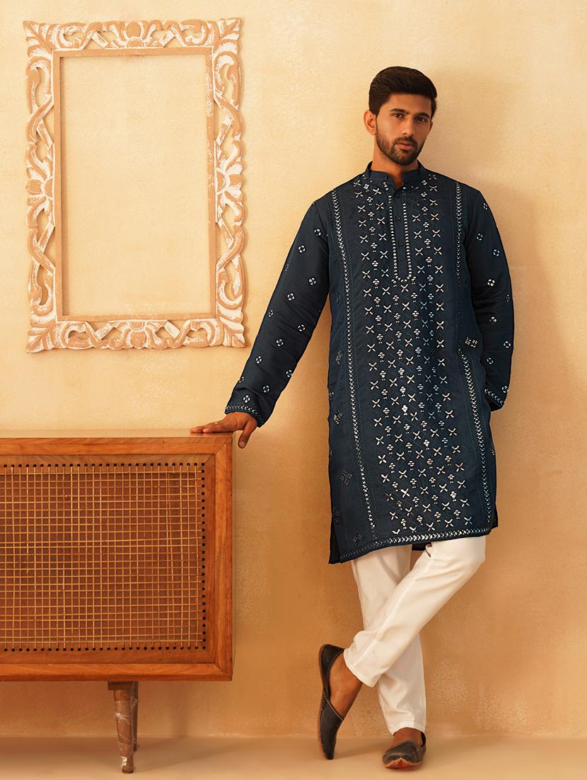 men mandarin neck embroidered long kurta - 21401458 - Standard Image - 3
