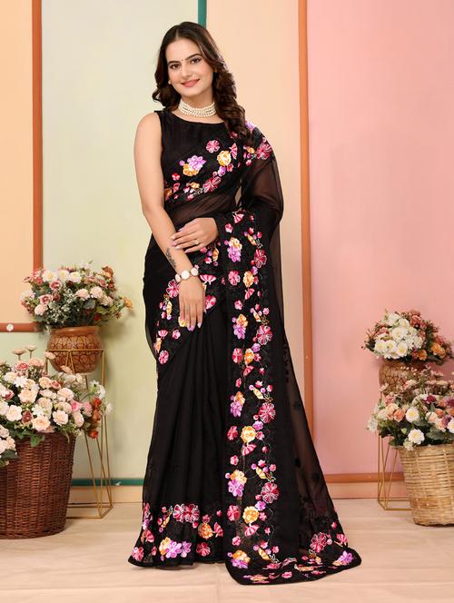 women black embroidered saree - 21401741 - Standard Image - 0