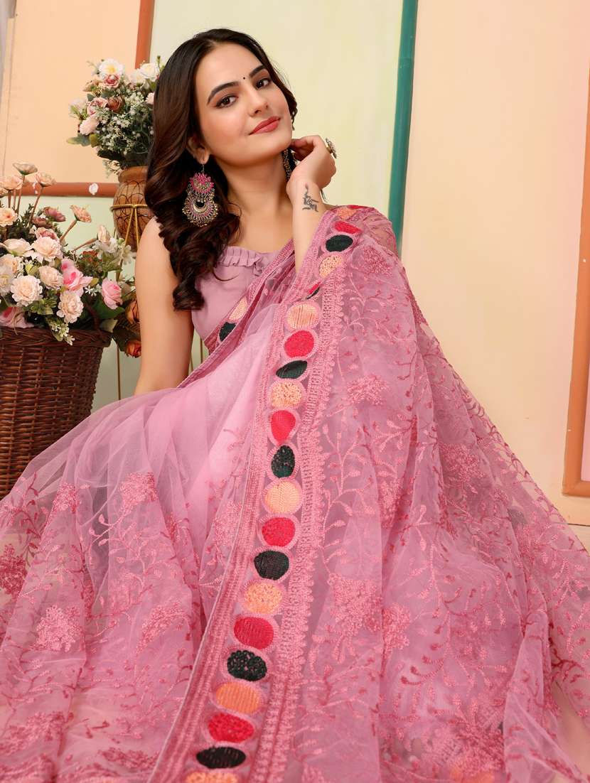 women pink embroidered saree with blouse - 21401744 -  Standard Image - 3