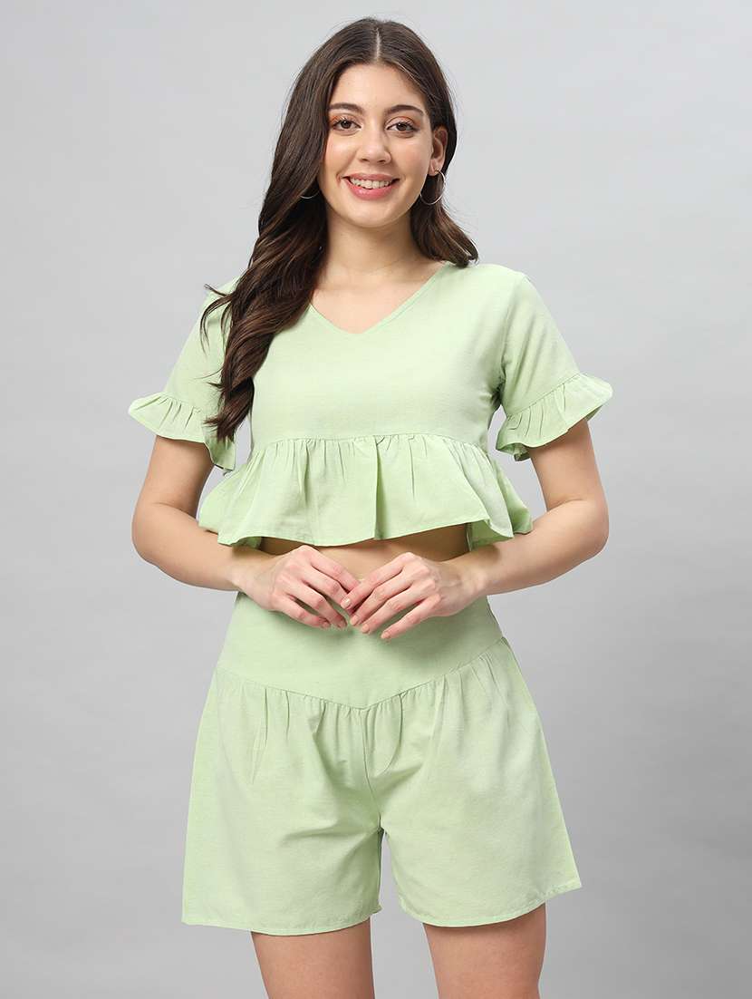 women green cotton top and shorts co-ord set - 21401793 - Zoom Image - 0