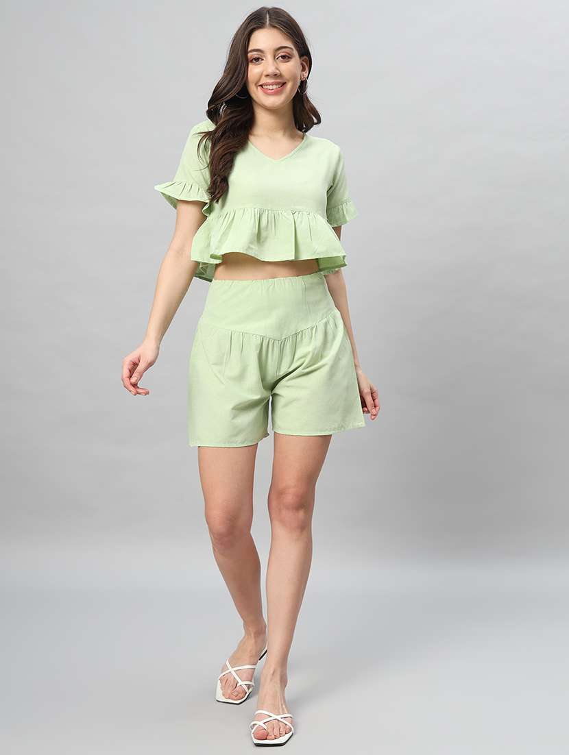 women green cotton top and shorts co-ord set - 21401793 - Standard Image - 3