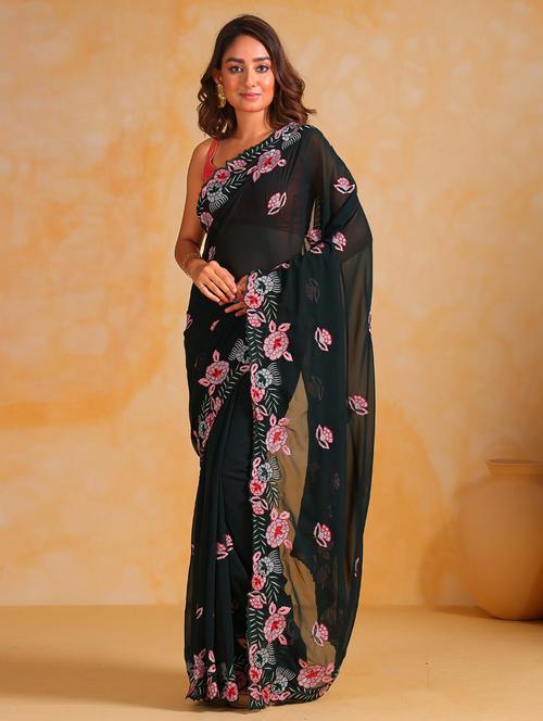 women black embroidered saree with blouse - 21402022 -  Standard Image - 0