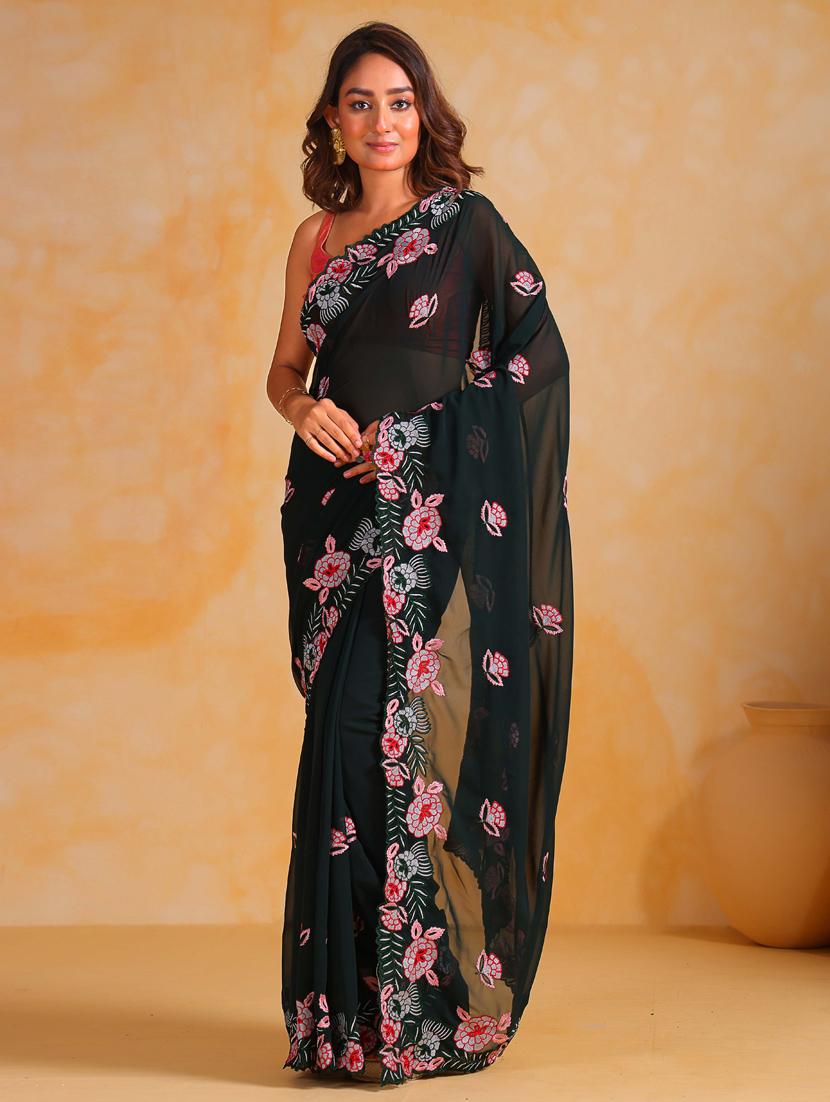 women black embroidered saree with blouse - 21402022 -  Zoom Image - 0
