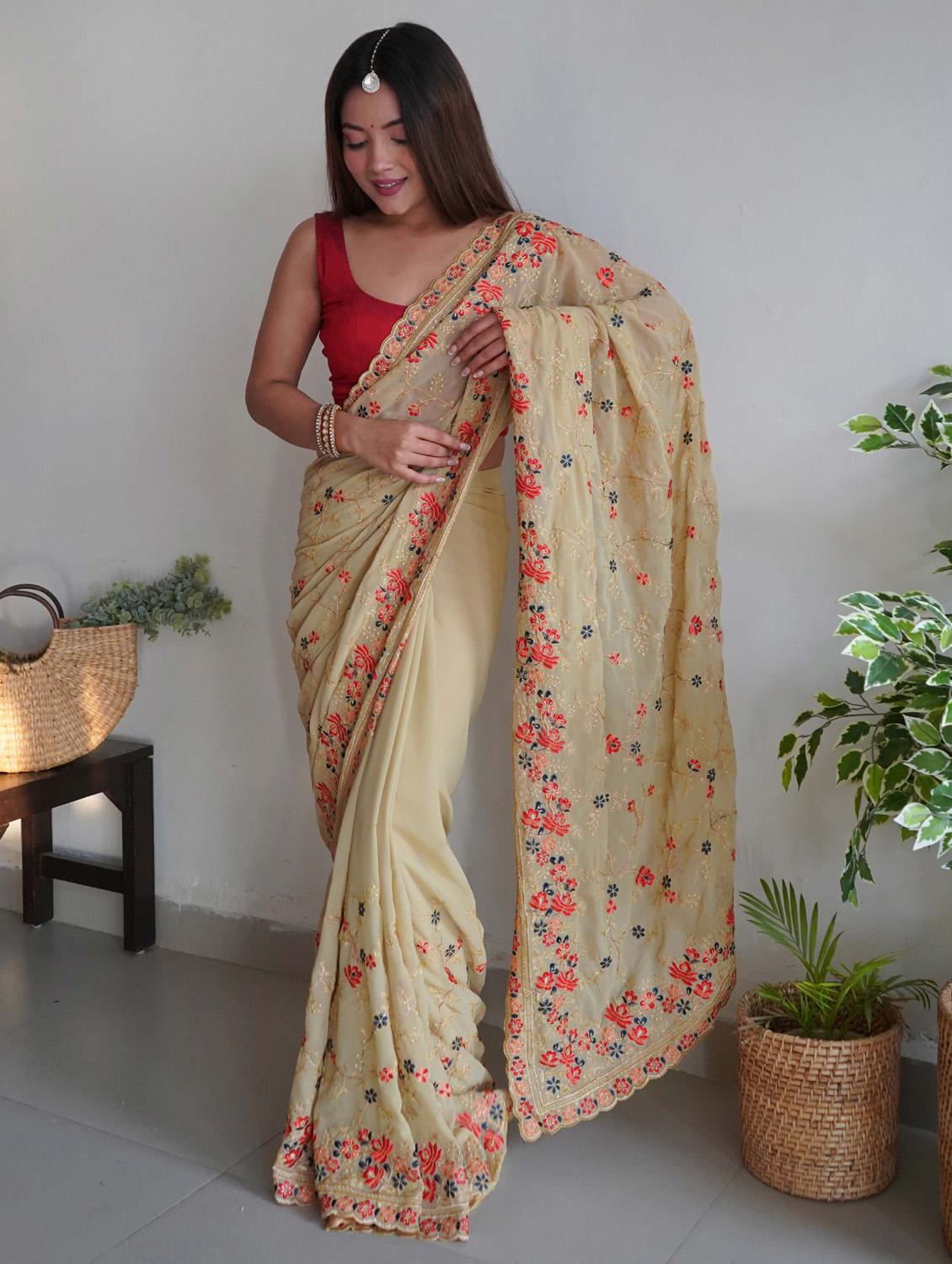 women beige embroidered saree with blouse - 21402052 - Zoom Image - 0