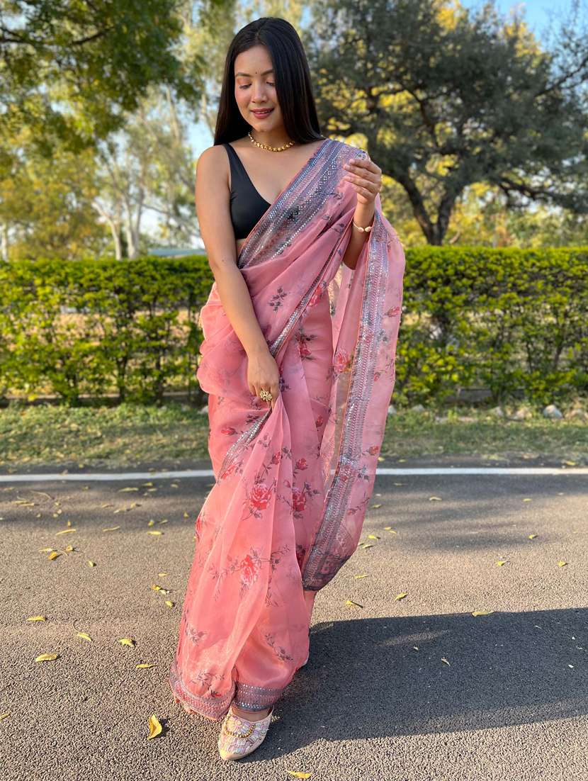 women pink floral printed saree with blouse - 21402058 -  Zoom Image - 0