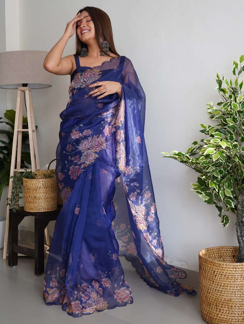 women navy blue floral printed saree with blouse