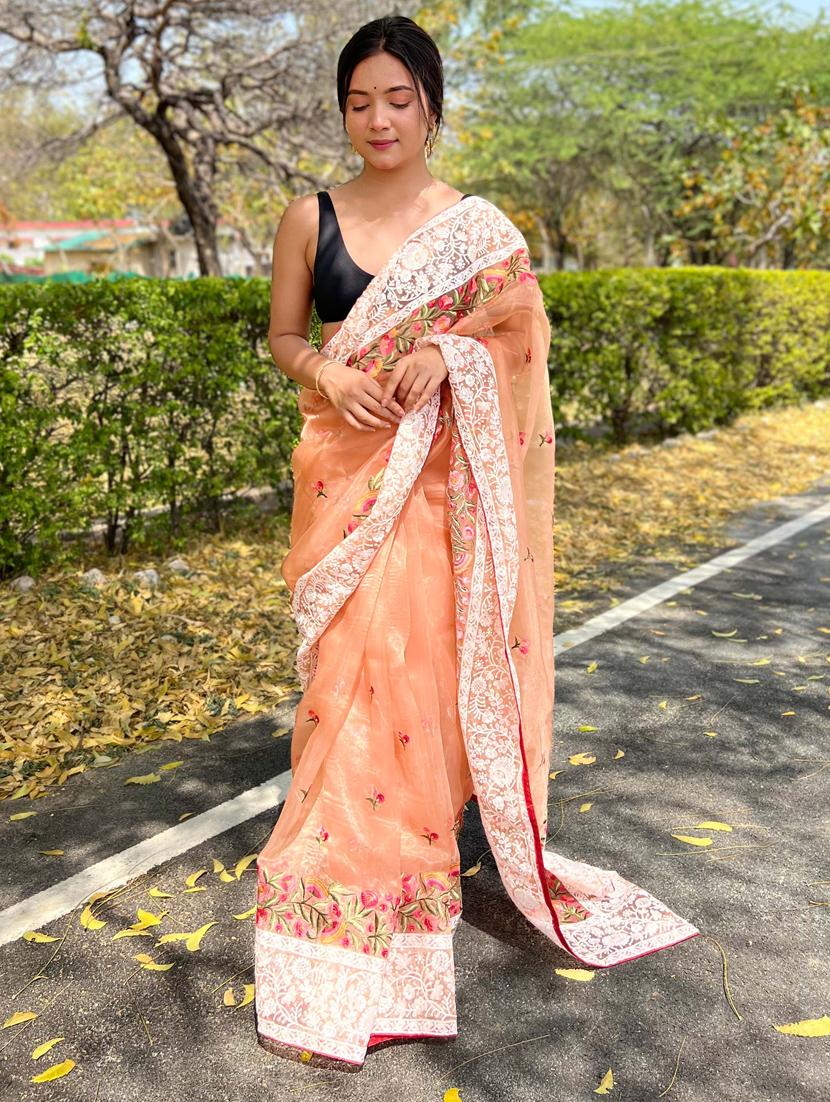 women orange embroidered saree with blouse - 21402118 - Zoom Image - 0