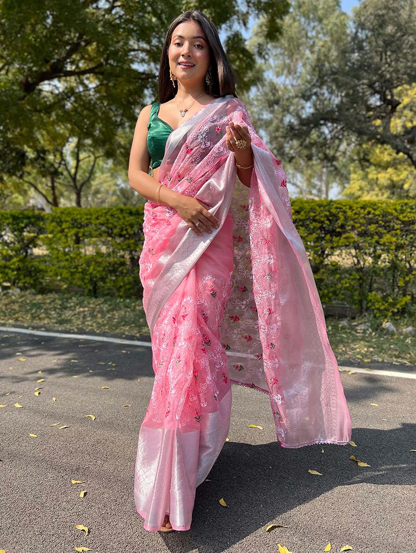 women pink embroidered saree with blouse