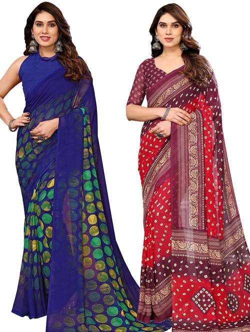 pack of 2 printed casual wear sarees with blouse - 21402434 - Standard Image - 0