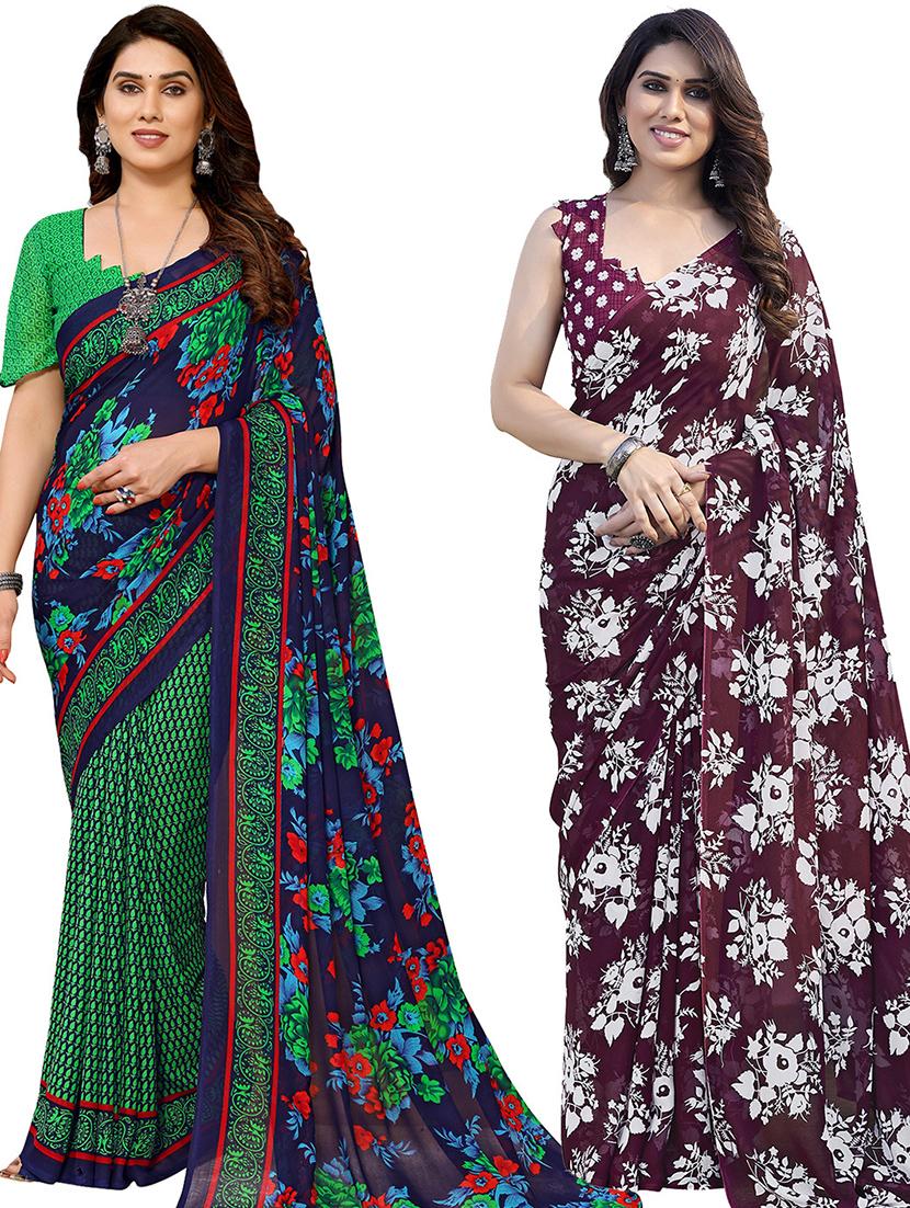 pack of 2 printed casual wear sarees with blouse - 21402481 - Zoom Image - 0