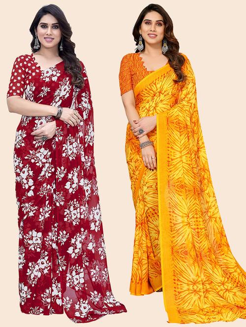 pack of 2 printed casual wear sarees with blouse - 21402552 - Standard Image - 0