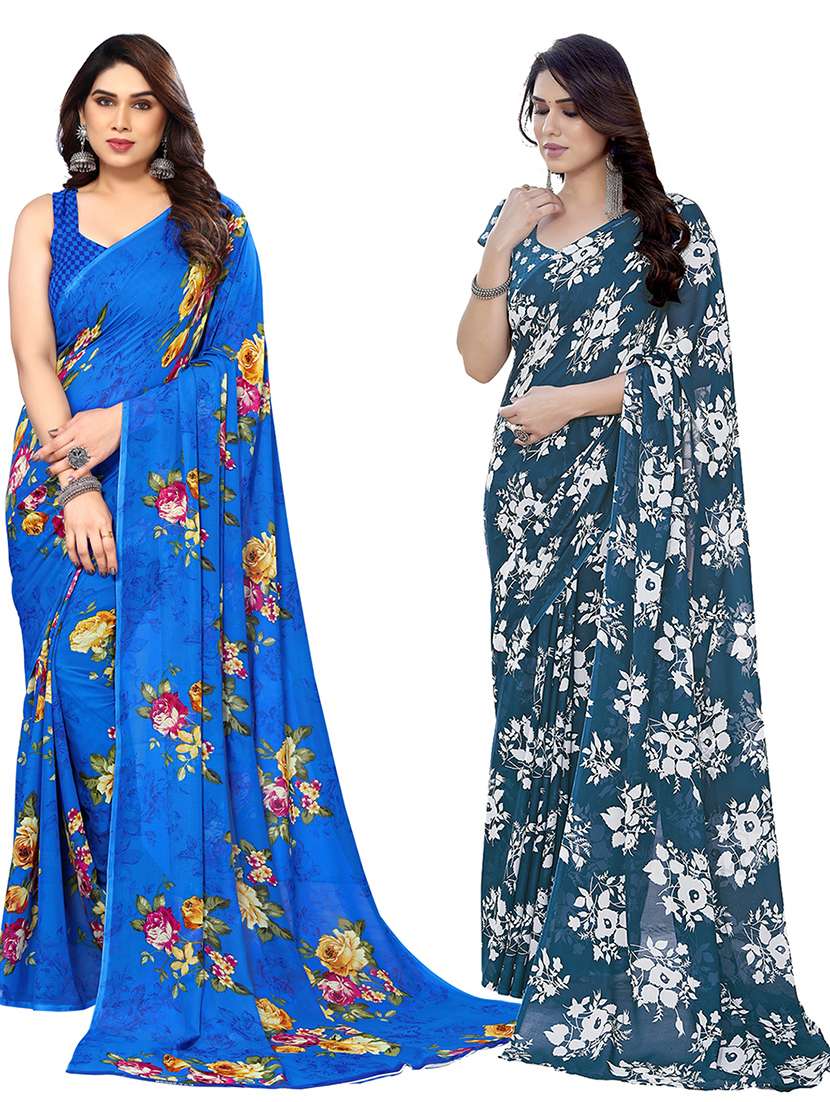 pack of 2 printed casual wear sarees with blouse - 21402713 - Zoom Image - 0