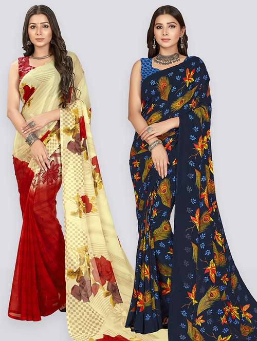 women combo pack of 2 printed saree with blouse - 21406852 -  Standard Image - 0