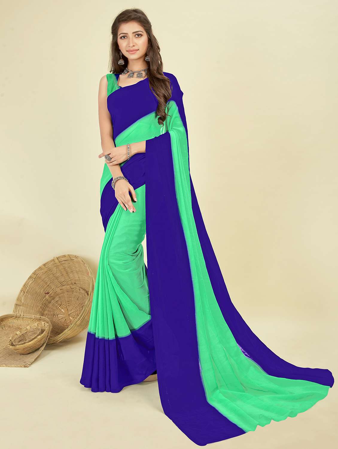 women solid plain saree with blouse