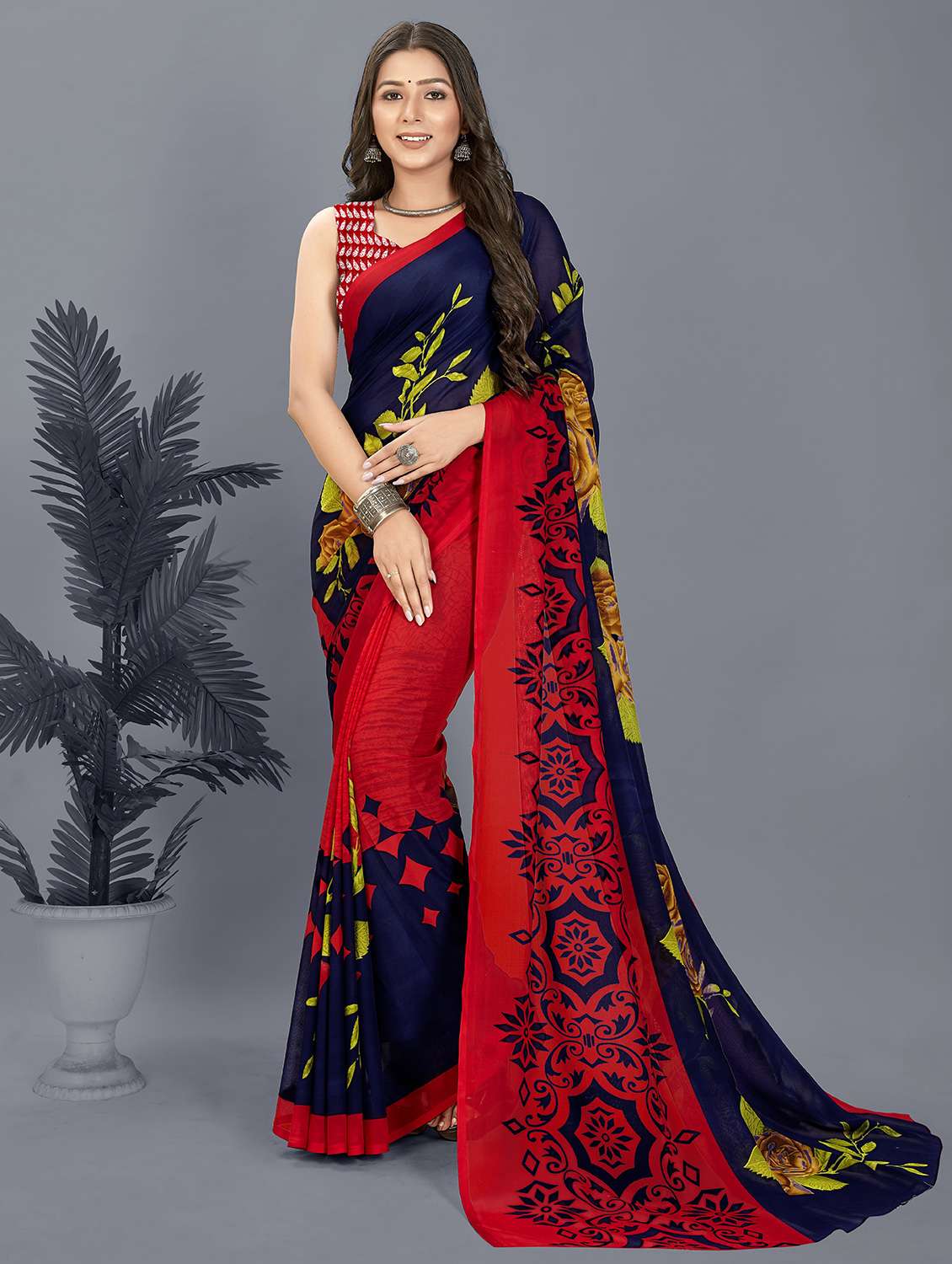 women printed saree with blouse