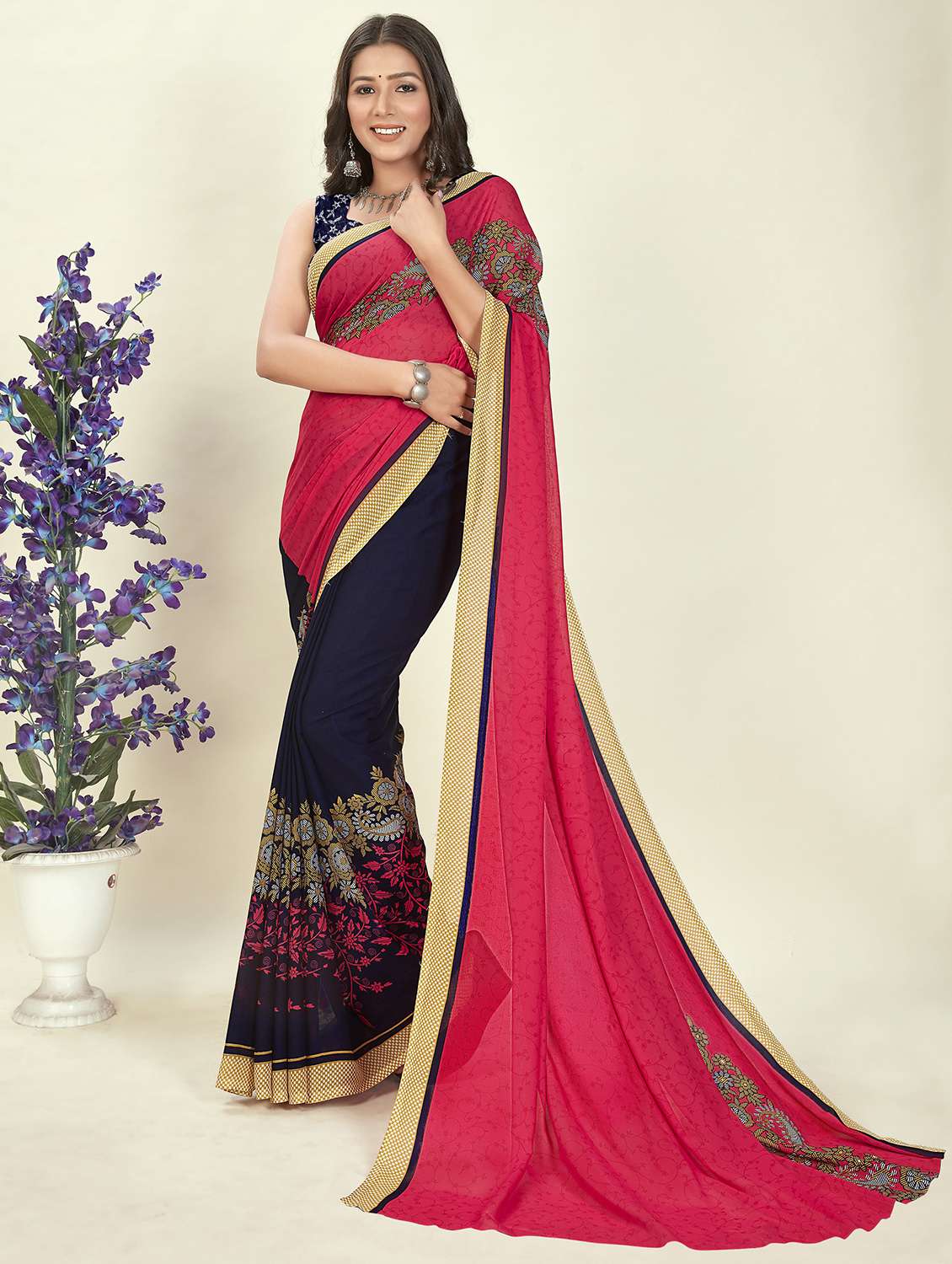 women printed saree with blouse