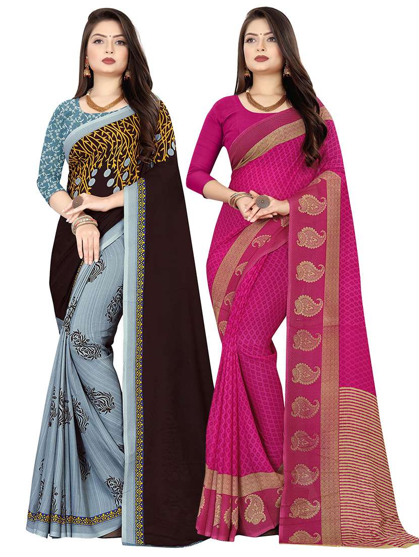 pack of 2 printed casual wear sarees with blouse - 21409728 - Zoom Image - 0