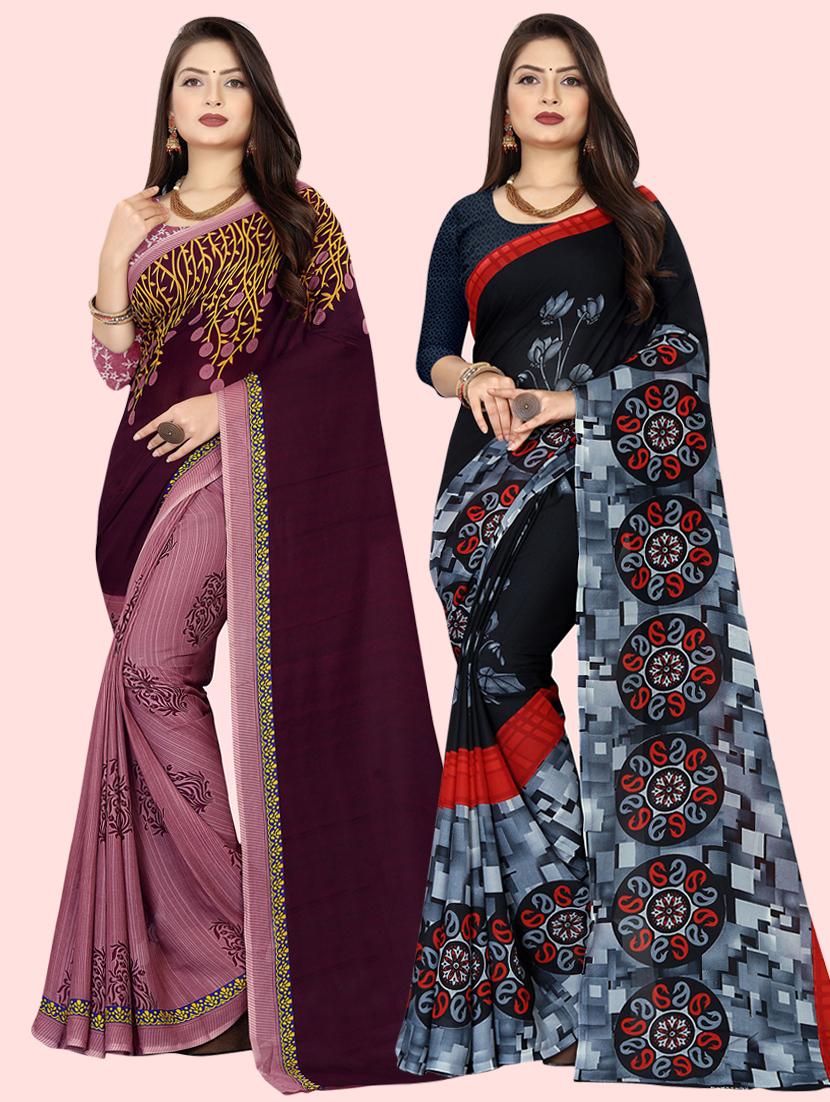 pack of 2 printed casual wear sarees with blouse - 21410061 - Zoom Image - 0