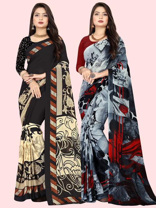 pack of 2 printed casual wear sarees with blouse - 21410073 - Standard Image - 0