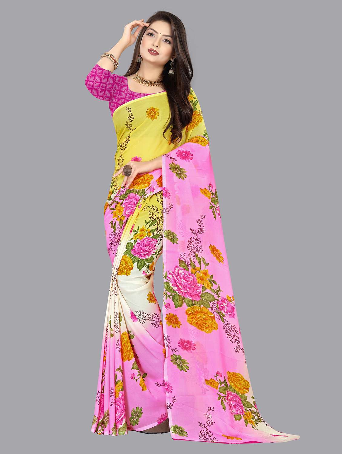 women pink floral printed saree with blouse