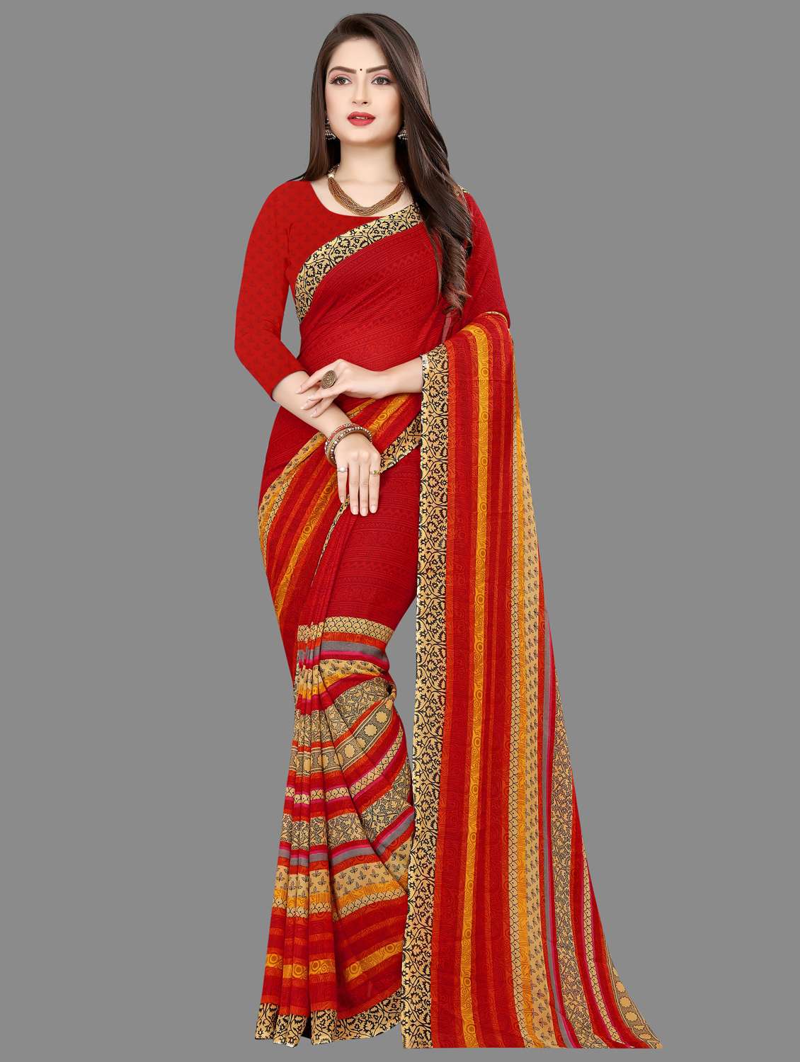 woemn red printed georgette saree with blouse