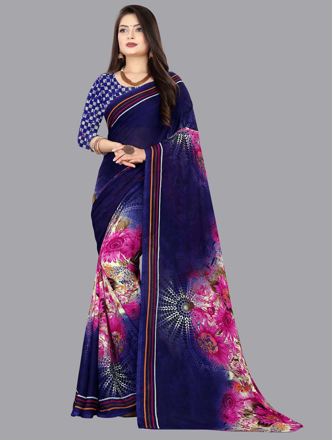 women blue floral printed saree with blouse
