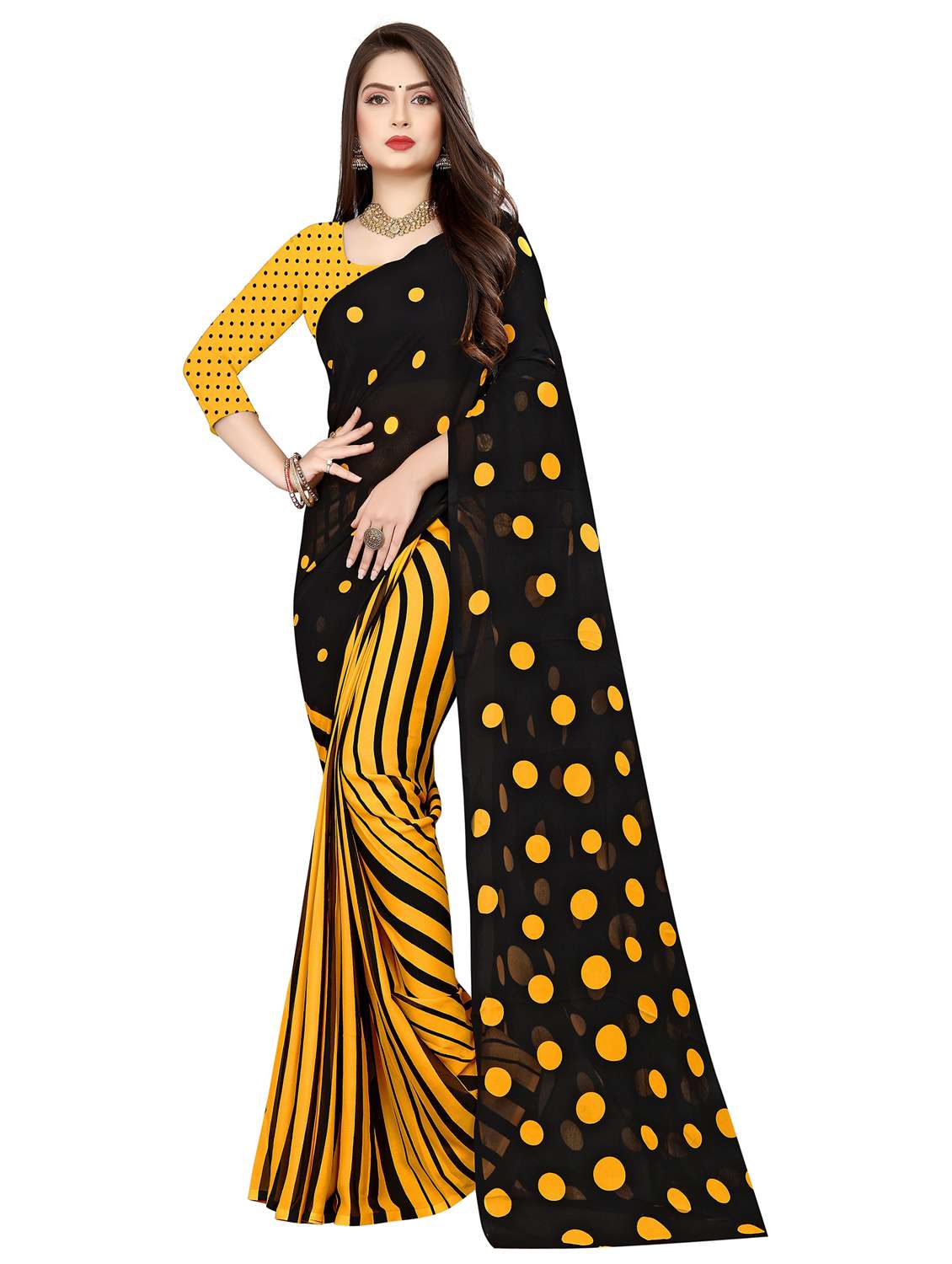 women black polka dots printed saree with blouse