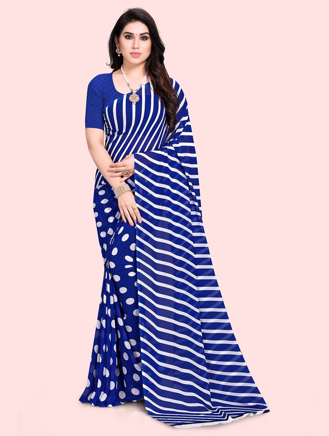 women blue polka dots printed saree with blouse