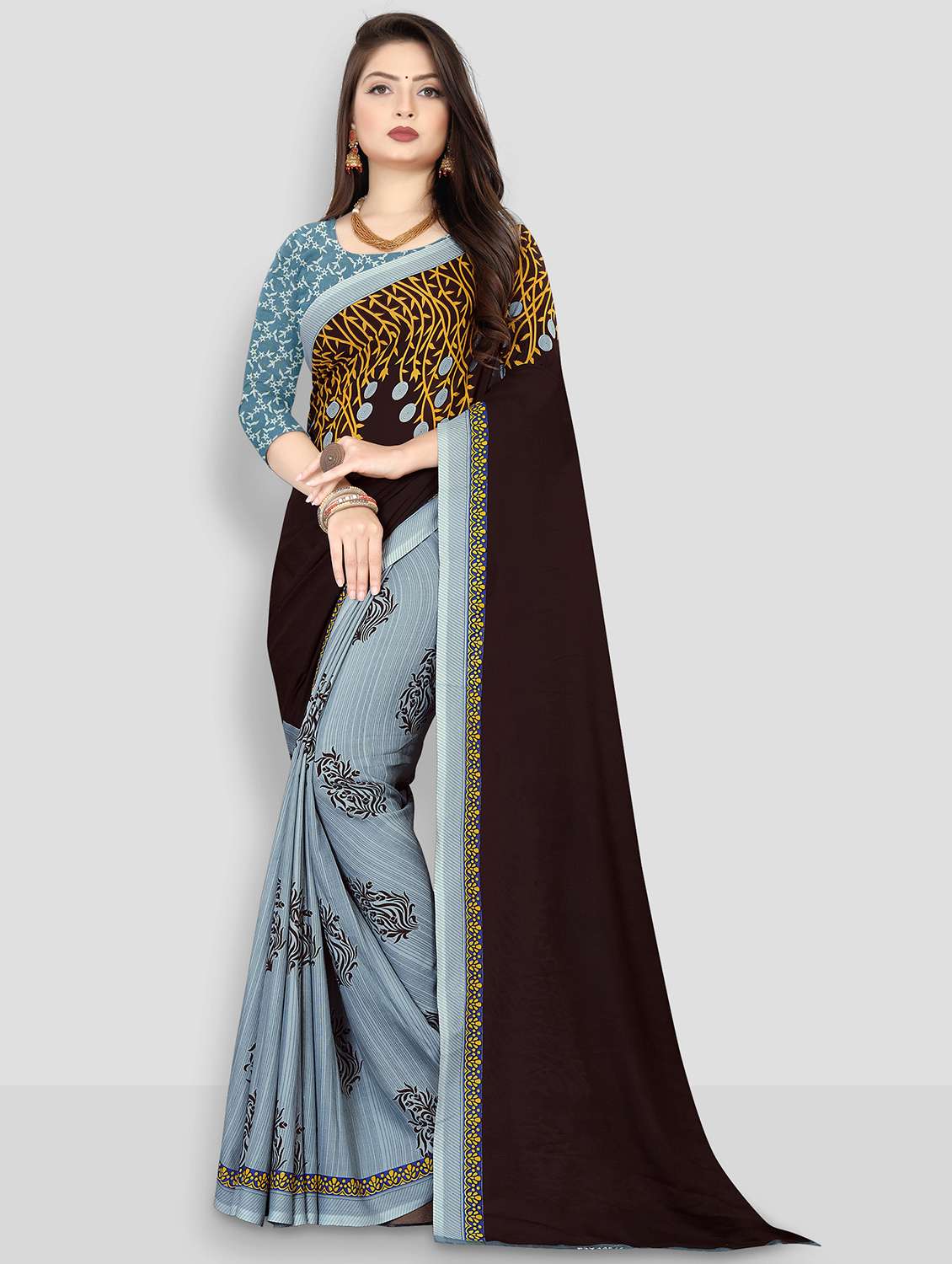 women grey printed georgette saree with blouse