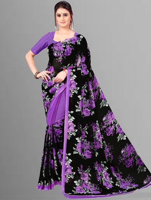 women black floral printed saree with blouse - 21410796 -  Standard Image - 0