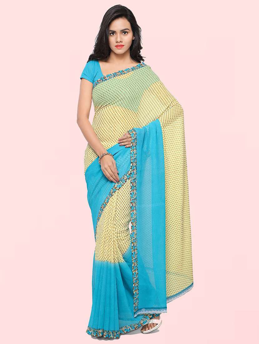 women beige printed georgette saree with blouse