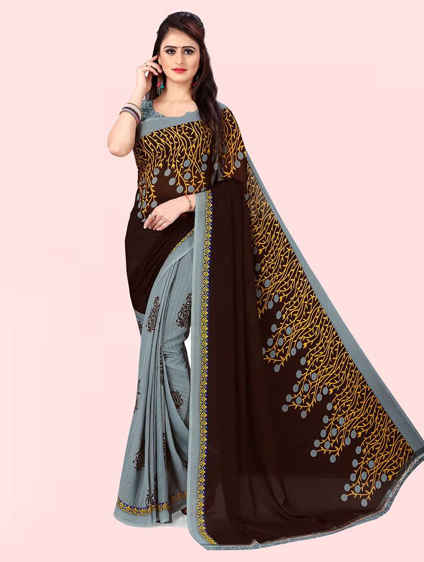 women grey printed georgette saree with blouse