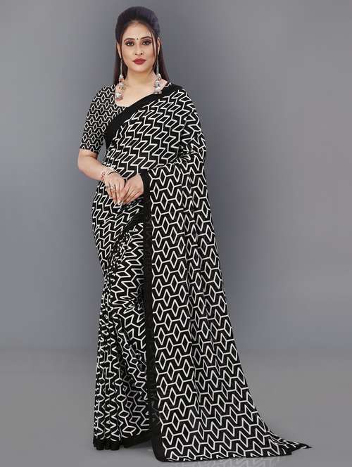 women black geometric printed saree with blouse - 21412553 -  Standard Image - 0